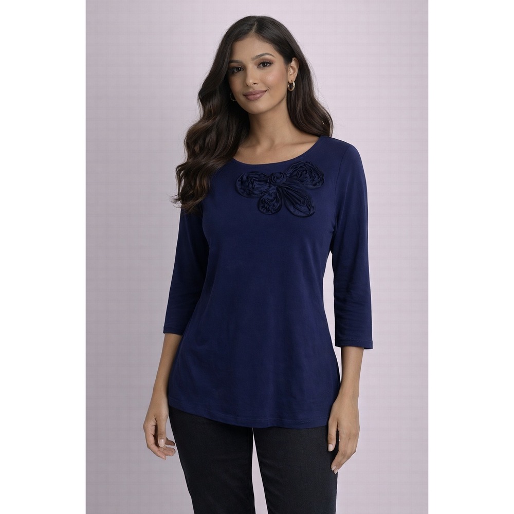 LOFT-Navy Blue 3/4 Sleeves with Floral Accents Blouse Size S‎